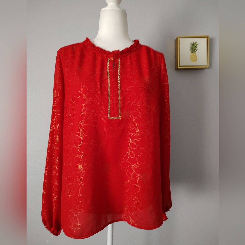 Blouse Embellished Neck Liz Claiborne long Sleveess cabaret floral Red XL New